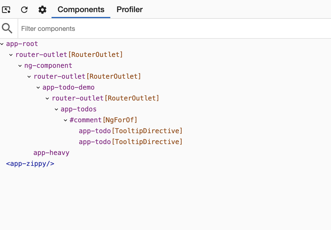 アプリケーションのルートから始まるAngularコンポーネントとディレクティブのツリーを示す「Components」タブのスクリーンショット。