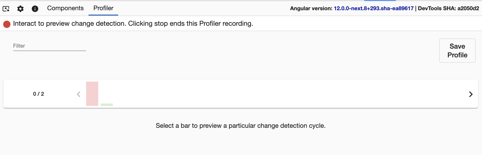 変更検出サイクルを表示する「Profiler」タブのスクリーンショット。右側に「プロファイルの保存」ボタンが表示されています。